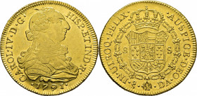 Santiago de Chile. 8 escudos. 1791. DA. SC-. Magnífico. Extraordiario brillo. Muy rara