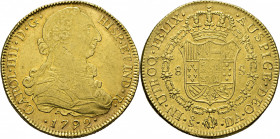 Santiago de Chile. 8 escudos. 1792. DA. EBC+/casi SC. Atractivo. Escasa