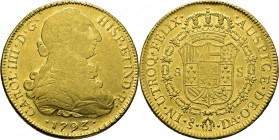 Santiago de Chile. 8 escudos. 1793. DA. EBC/EBC+. Atractivo. Bellísimo reverso. Escasa