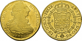 Santiago de Chile. 8 escudos. 1794. DA. SC/SC+. Soberbio. Espectacular reverso. Muy rara