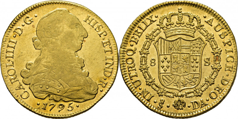 CARLOS IV. Santiago de Chile. 8 escudos. 1795 rectificado el 9 sobre otro. DA. C...