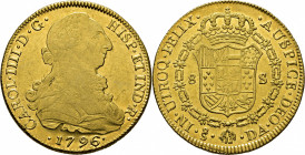 Santiago de Chile. 8 escudos. 1796. Casi SC-/casi SC. Magnfício. Soberbio reverso. Rara
