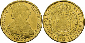 Santiago de Chile. 8 escudos. 1800. JA. EBC+/SC-. Atractivo. Magnífico reverso. Escasa