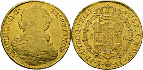 Santiago de Chile. 8 escudos. 1801. AJ. SC-. Atractivo. Magnífico reverso. Escasa