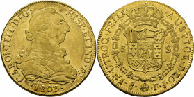 Santiago de Chile. 8 escudos. 1803. FJ. EBC+/casi SC-. Atractivo. Destacable reverso. Escasa