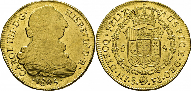 CARLOS IV. Santiago de Chile. 8 escudos. 1805. FJ. Cy14599. Ínfimas mínimas marq...