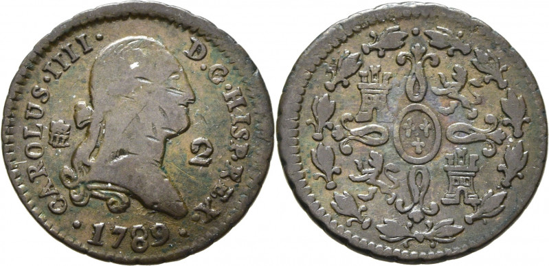 CARLOS IV. Segovia. 2 maravedís. 1789. Cy13036. Leve adherencia limpiada. Incisi...