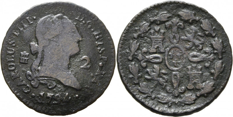 CARLOS IV. Segovia. 2 maravedís. 1794. Cy13041. Oxidación limpiada. Golpe. BC+/M...