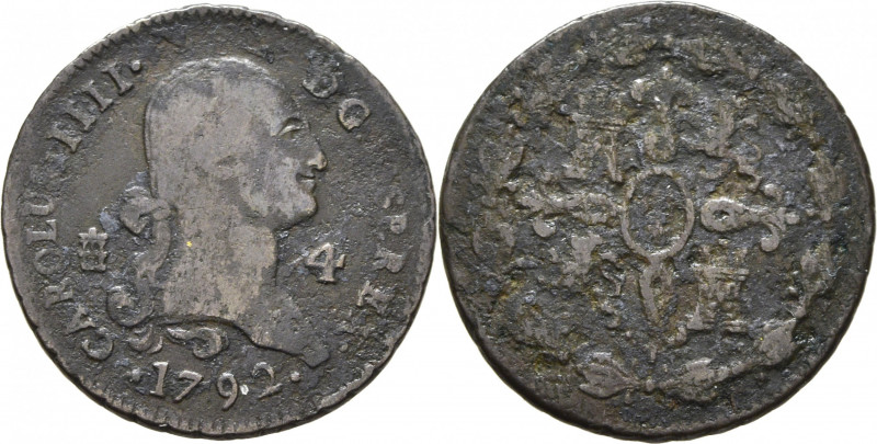 CARLOS IV. Segovia. 4 maravedís. 1792. Cy13067. Oxidaciones intensas limpiadas. ...