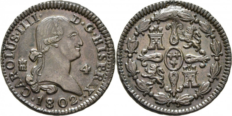 CARLOS IV. Segovia. 4 maravedís. 1802. Cy13077. Fina rayita en el cuello. Ligerí...