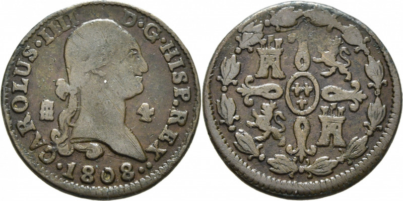 CARLOS IV. Segovia. 4 maravedís. 1808. Cy13083. Adherencias limpiadas. Rayitas. ...