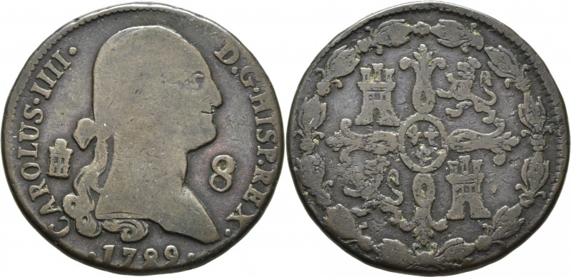 CARLOS IV. Segovia. 8 maravedís. 1789. Cy13089. Cocas de metal en reverso. BC+