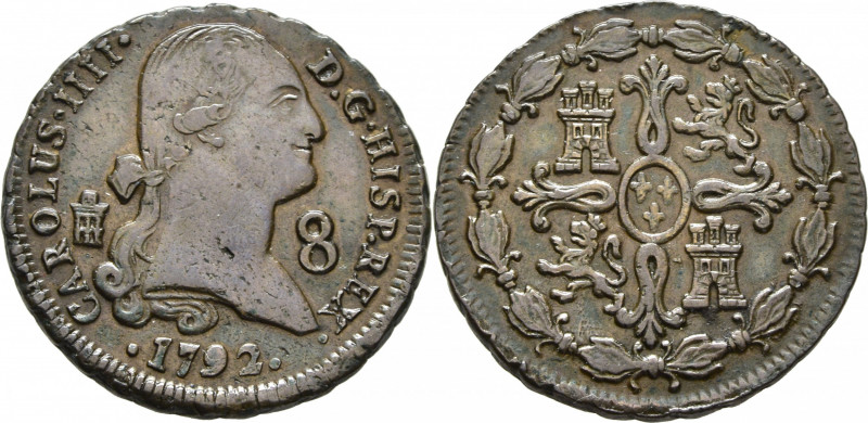 CARLOS IV. Segovia. 8 maravedís. 1792. Cy13092. Cocas de metal en anverso. EBC-/...