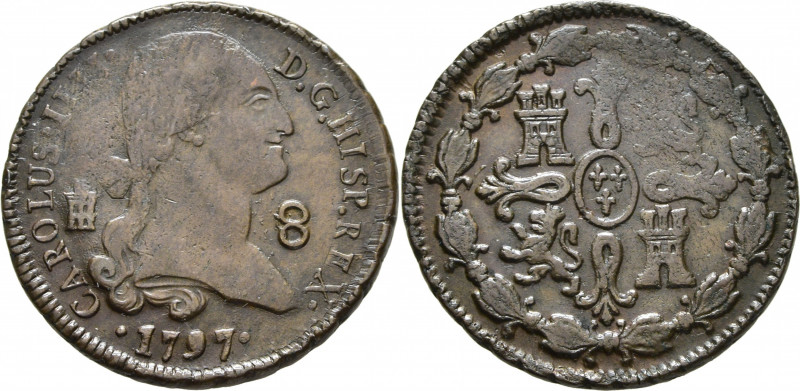 CARLOS IV. Segovia. 8 maravedís. 1797. Cy13097. Fallo de acuñación en la parte s...