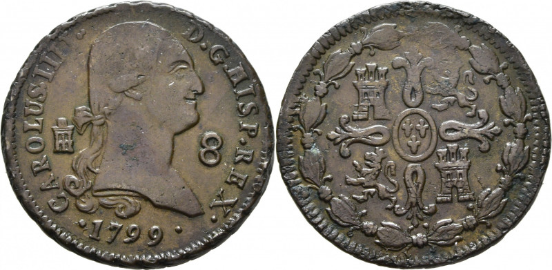 CARLOS IV. Segovia. 8 maravedís. 1799. Cy13099. Adherencias limpiadas. Alguna ra...