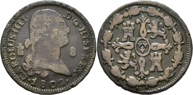 CARLOS IV. Segovia. 8 maravedís. 1802. Cy13102. Oxidación limpiada con cierta in...