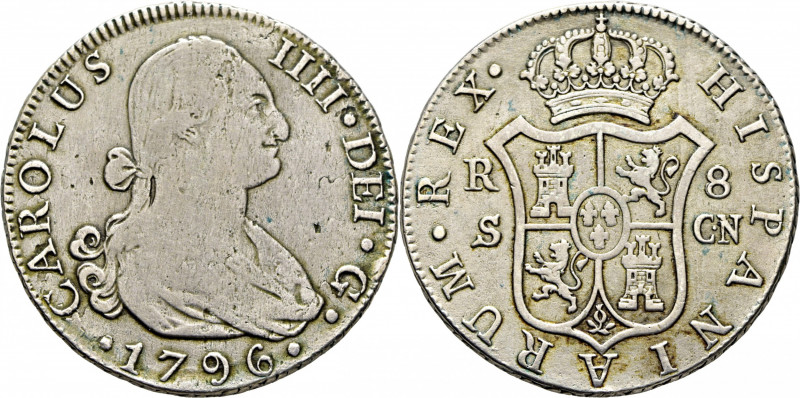 CARLOS IV. Sevilla. 8 reales. 1796. CN. Cy13892. 26´1 g. Limpiada. Abundantes co...