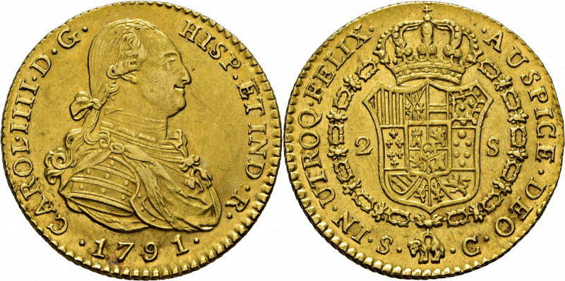 CARLOS IV. Sevilla. 2 escudos. 1791. C. Cy14172. Suaves y finas rayitas, dos más...