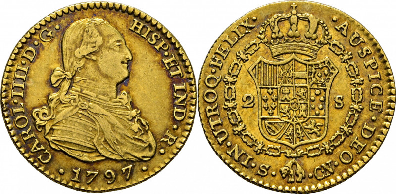 CARLOS IV. Sevilla. 2 escudos. 1797. CN. Cy14218. Suaves y finas rayitas, una má...