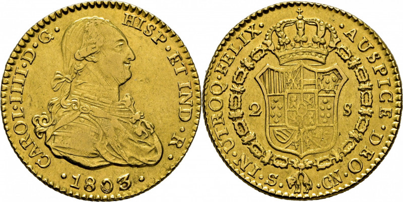 CARLOS IV. Sevilla. 2 escudos. 1803 sobre 2. CN. Cy14268. Anverso limpiado. Bast...