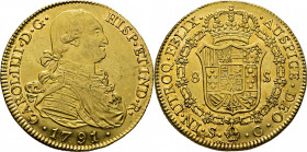 Sevilla. 8 escudos. 1791. C. Casi EBC+/casi SC-. Muy buen y atractivo ejemplar. Notable reverso. Rarísima