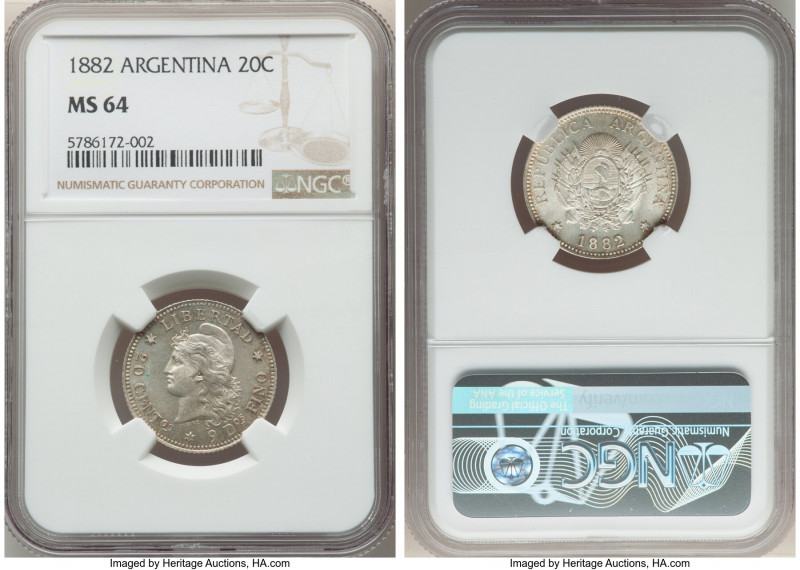 Republic 20 Centavos 1882 MS64 NGC, KM27 (prev. KM2). Three-year type. Wonderful...