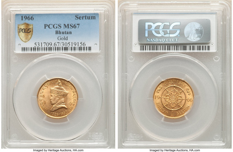 Jigme Wangchuk gold Sertum 1966 MS67 PCGS, KM33. Mintage: 2,300. 40th anniversar...