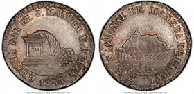 Republic silver "La Paz" Proclamation Medal of 2 Soles 1853 MS62 PCGS, La Paz mint, Burnett-57B, Fonrobert-Unl. Dove-gray surfaces with peachy cartwhe...
