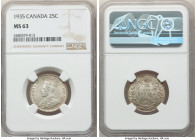 George V 25 Cents 1935 MS63 NGC, Royal Canadian mint, KM24a. A respectable representative with argent surfaces, fully defined devices, and dappled sla...