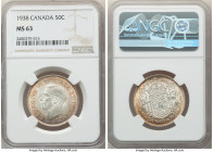 George VI 50 Cents 1938 MS63 NGC, Royal Canadian mint, KM36. An attractive offering, with fully defined devices and bright, mottled surfaces that fade...
