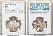 George VI 50 Cents 1939 MS63 NGC, Royal Canadian mint, KM36. Brilliant ice-silver surfaces exhibiting cartwheel luster and blush toning that deepens a...