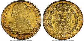 Charles IV gold 8 Escudos 1789 P-SF AU Details (Reverse Damage) NGC, Popayan mint, KM53.2, Onza-1048. An intriguing three-year transitional type that ...