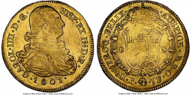 Charles IV gold 8 Escudos 1801 P-JF AU Details (Reverse Cleaned) NGC, Popayan mint, KM62.2. An eccentric offering with sharp legends that stand out ag...
