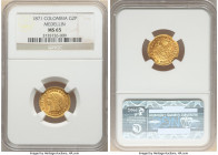 Estados Unidos gold 2 Pesos 1871 MS65 NGC, Medellin mint, KM-A154. First year of three year type. Sandy or grainy surfaces typical of type, cranberry ...