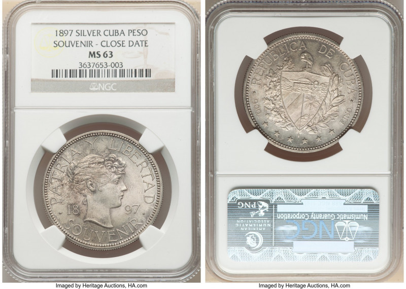 Republic Souvenir Peso 1897 MS63 NGC, Gorham mint, KM-XM2. Type II closely space...