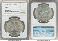Republic "Star" Peso 1916 MS61 NGC, Philadelphia mint, KM15.2. A handsome offering that exhibits razor sharp devices and cartwheel luster. For the sak...