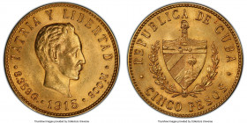 Republic gold 5 Pesos 1915 MS63 PCGS, Philadelphia mint, KM19. An appealing specimen with crisp devices and goldenrod coloration. AGW 0.2419 oz. 

HID...