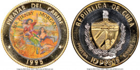 Republic tri-metallic Proof Colorized Prueba "Pirates of the Caribbean - Henry Morgan" 10 Pesos 1995 PR67 Ultra Cameo NGC, KM-XPn116. Reeded edge. Shi...