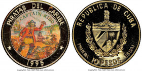 Republic gilt-brass Proof Colorized Prueba "Pirates of the Caribbean - Captain Kidd" 10 Pesos 1995 PR68 Ultra Cameo NGC, KM-XPn100. Reeded edge. Ex. E...