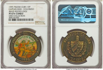 Republic brass Proof Colorized Prueba "Pirates of the Caribbean - Captain Kidd" 10 Pesos 1995 PR67 S Cameo NGC, KM-XPn100. Reeded edge. Small areas of...