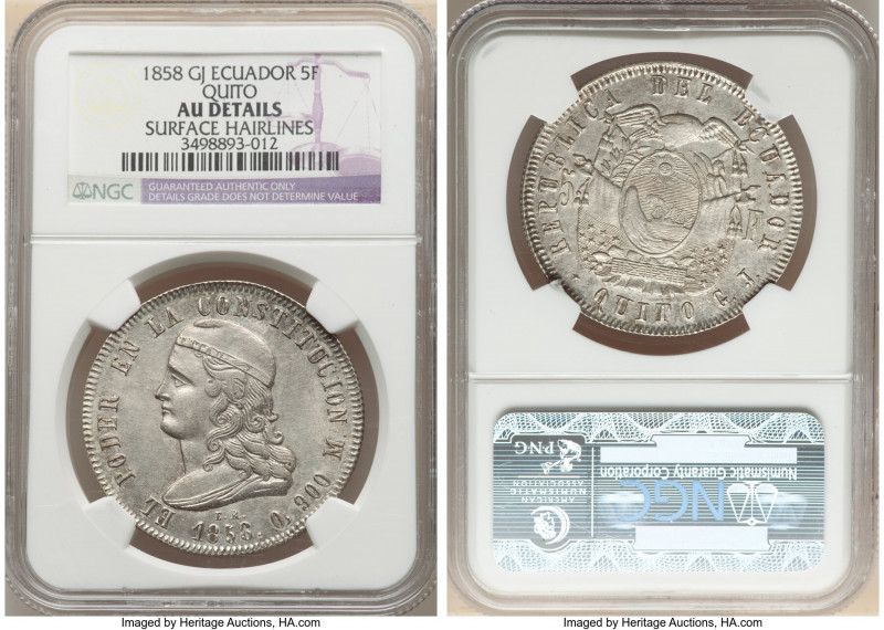 Republic 5 Francos 1858 QUITO-GJ AU Details (Surface Hairlines) NGC, Quito mint,...