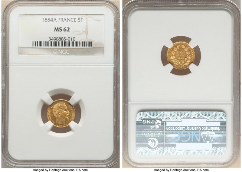 Napoleon III gold 5 Francs 1854-A MS62 NGC, Paris mint, KM783. Plain edge variet...