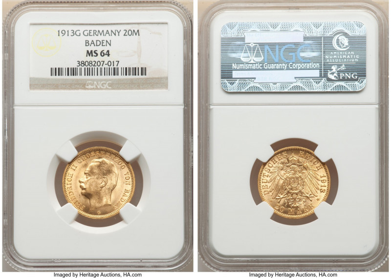 Baden. Friedrich II gold 20 Mark 1913-G MS64 NGC, Karlsruhe mint, KM284. Smalles...