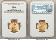 Baden. Friedrich II gold 20 Mark 1913-G MS64 NGC, Karlsruhe mint, KM284. Smallest mintage of four year type. Fully struck and endowed with glistening ...