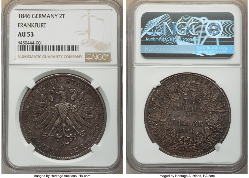 Frankfurt. Free City 2 Taler 1846 AU53 NGC, Frankfurt mint, KM329. Anthracite an...