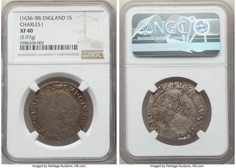 Charles I Shilling ND (1636-1638) XF40 NGC, Tower mint under Charles I, Tun mm, ...