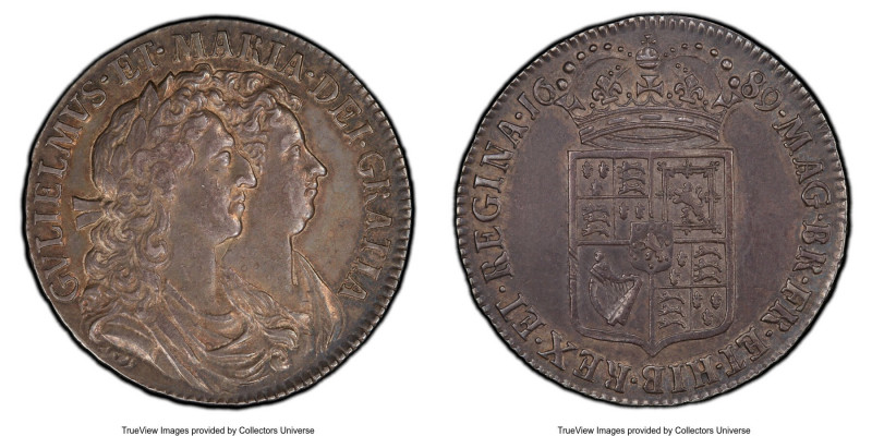 William and Mary 1/2 Crown 1689 AU53 PCGS, KM472.2, S-3435. Second shield. 

HID...