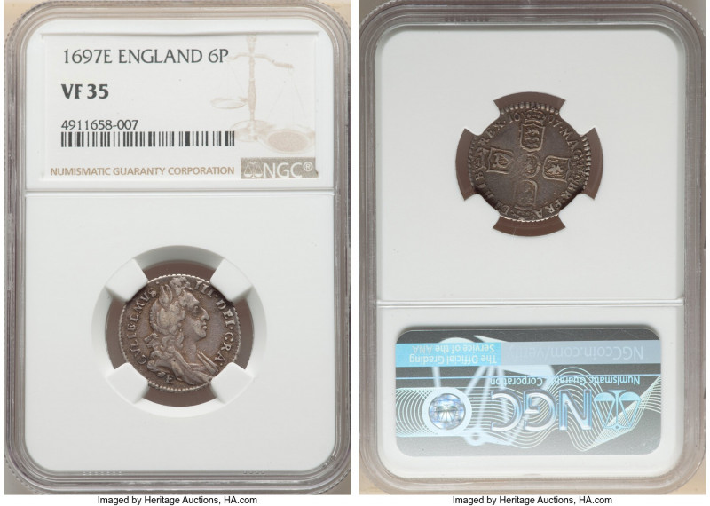 William III 6 Pence 1697-E VF35 NGC, Exeter mint, KM484.11, S-3530. Lavender-gra...