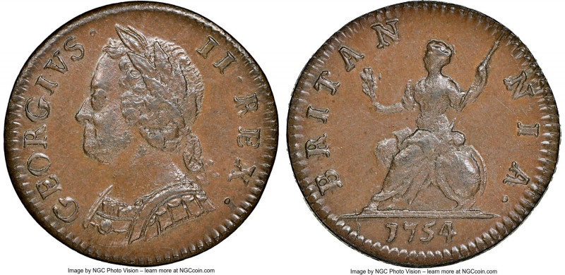 George II Farthing 1754 MS64 Brown NGC, KM581.2. S-3722. Evidence of die rust in...