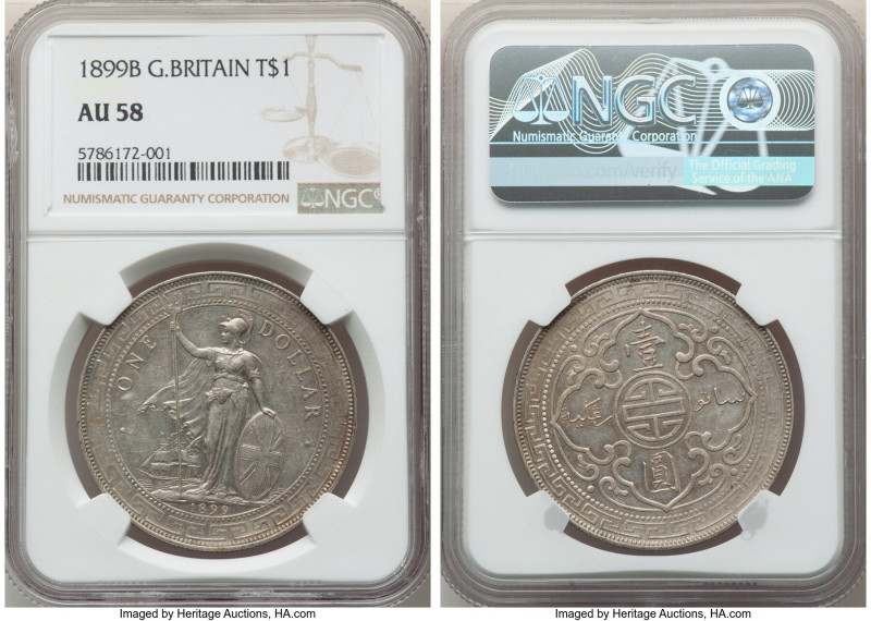 Victoria Trade Dollar 1899-B AU58 NGC, Bombay mint, KM-T5, Prid-8. A definitive ...